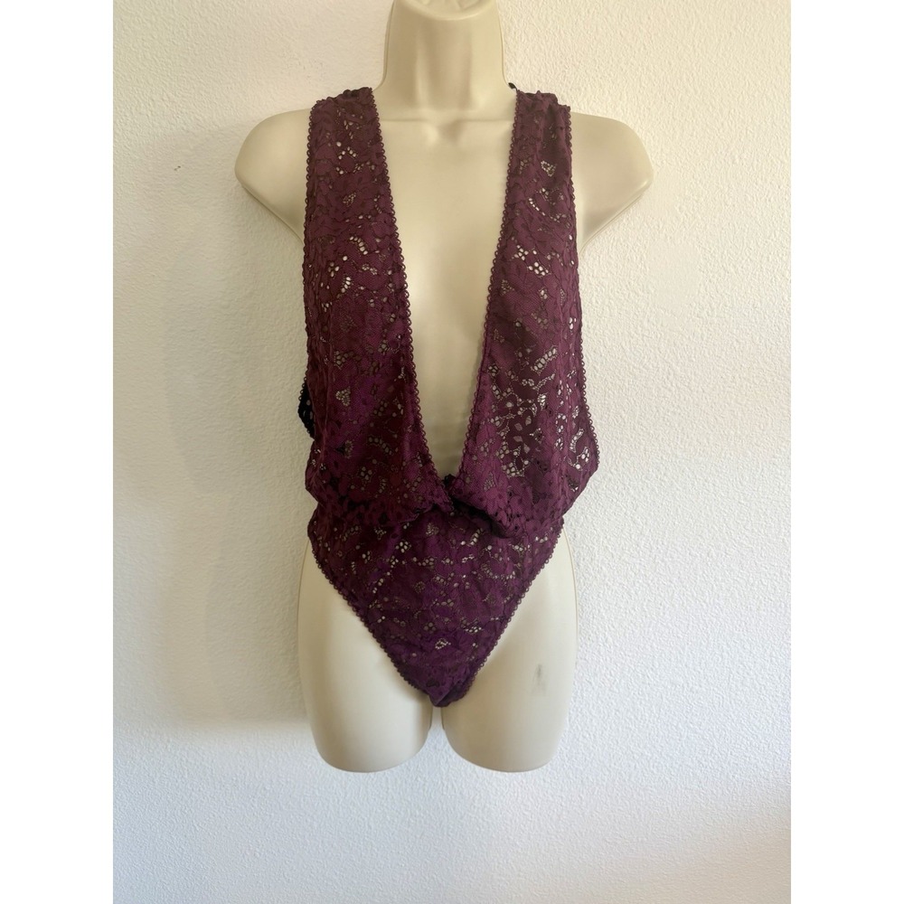 Victorias Secret Lace‎ Bodysuit NWT Sz S Plum Plunge Thong Back Sheer Lingerie